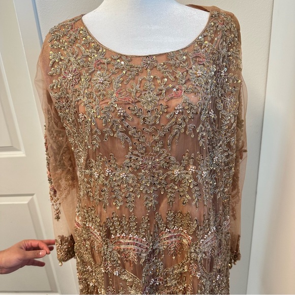 Peach Tan Embroidered 3-Piece Salwar Kameez with Net Dupatta - Picture 2 of 13